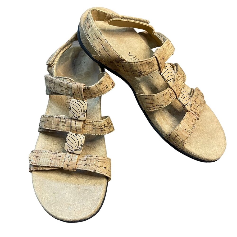 Vionic Amber Adjustable Sandal Womens 7 Gold Cork Orthotic Comfort Sandals EU 38